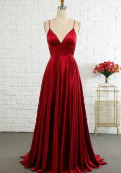 Spaghetti-Straps Satin Wine Red Long Prom Dress
