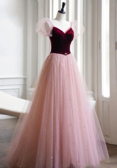 Charming Pink Tulle and Velvet Short Sleeves Prom Dress