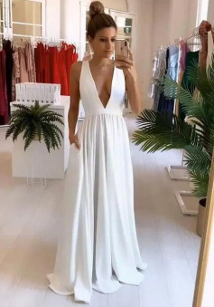Simple A line V-neck White Prom Dress