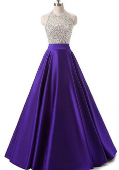A Line Purple Satin Long Prom Dresses With Beading