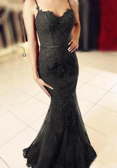 Elegant Spaghetti Straps black lace prom dresses