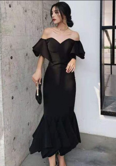 A Line Off SHoulder Long Prom Dresses Black Formal Dress