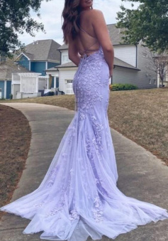 Mermaid lavender long prom dress formal dress with lace