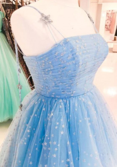 Beautiful blue tea length prom dress with silver stars