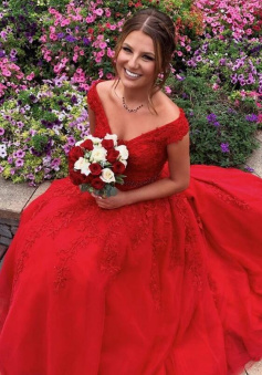 Off the shoulder princess red long prom dress formal dress