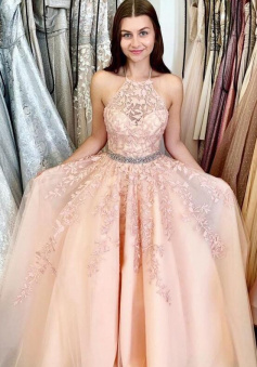 Halter long prom dress formal dress with pink lace appliques