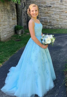 A-line Long Tulle and Lace Appliques Long Prom Dresses
