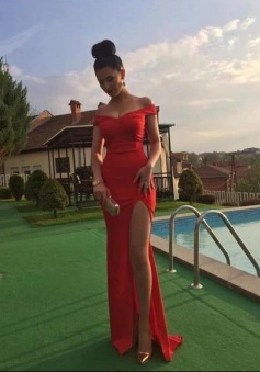 Off Shoulder High Slit Long Satin Prom Dress