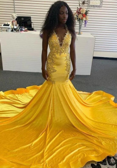 Mermaid black girl yellow formal dress with open back