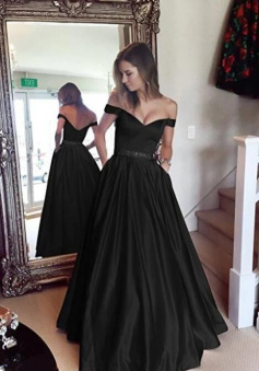 Off the Shoulder A Line Black Prom Dresses