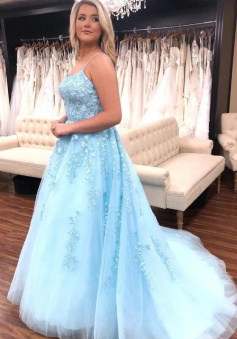 Spaghetti Straps A-line light blue long prom dress