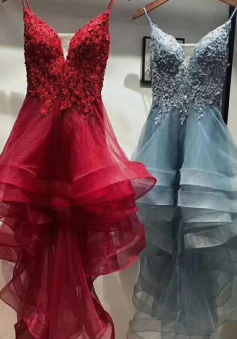 Spaghetti straps high low prom dresses with lace