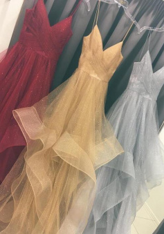 A line glitter tulle long v neck prom dresses