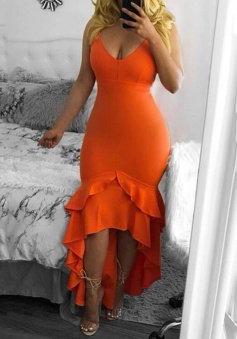 Spaghetti Strap High-Low Bodycon Orange Backless V-neck Prom Dress