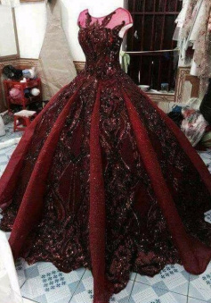 Ball Gown Dark Red Prom Evening Dress With Sequin
