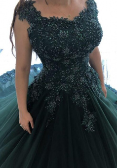Elegant spaghetti straps emerald green tulle prom dresses