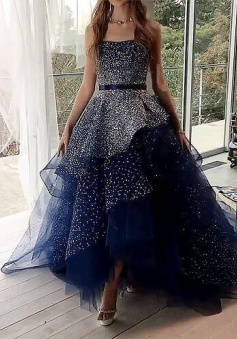 A Line Navy Blue Silver Beading Sequin Tulle Prom Dresses