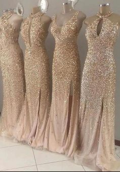 A Line Sparkly Gold Long Prom Dress