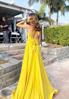 Sexy Yellow Backless Prom Dress with Slit