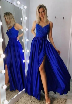 A Line Royal Blue Chiffon Prom Dress with Slit
