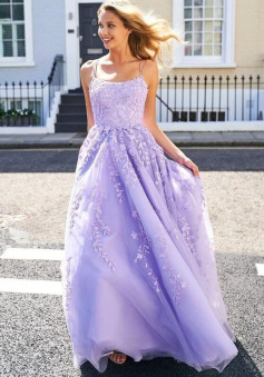Charming lilac criss back lace prom dress