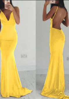 Spaghetti Mermaid Yellow Long Prom Dresses