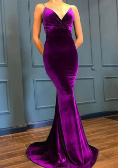 Mermaid Velvet V Neck Evening Dresses