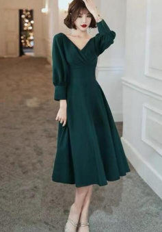 Dark Green Long Sleeve Party Dress V-neck Evening Dress