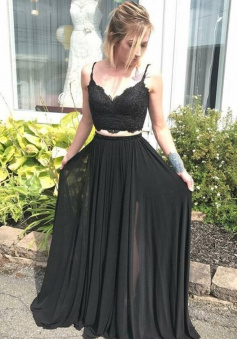 Spaghetti Straps Two Piece Black Chiffon Long Prom Dress