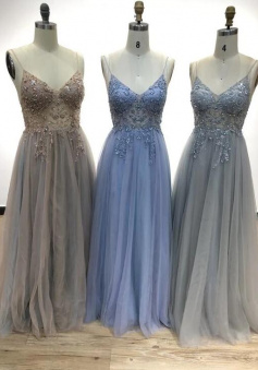 Sexy v neck beading long tulle prom dress