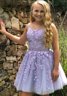 A-line Lavender Homecoming Dress With Lace Applique