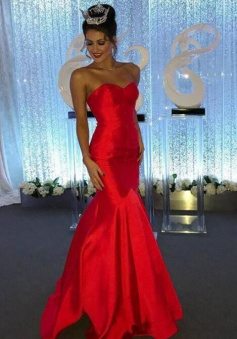 Gorgeous Sweetheart Mermaid/Trumpet Red Satin Prom Dresses