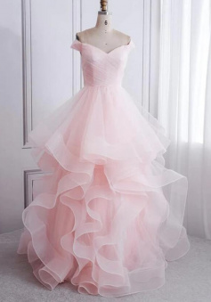 A Line Pink tulle long formal dress