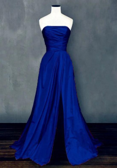 A Line Ruched satin split prom evening dresses