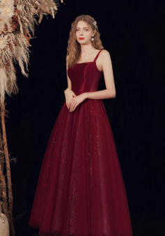 A Line Burgundy tulle tea length prom dress