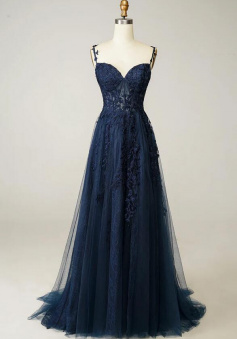 A Line Navy Blue tulle lace prom dress