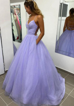 A Line Purple V-neck tulle prom dress