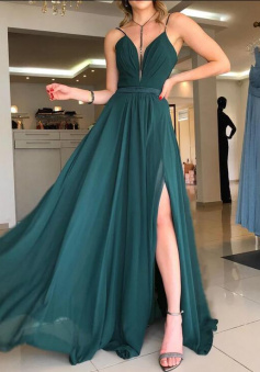 A Line Plunge Neck Backless Chiffon Split Prom Dresses