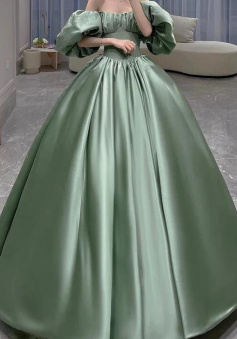 Princess  A Line Puffy Sleeves Satin Prom Dresses