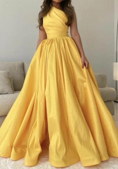 A Line One Shoulder Bright Yellow Satin Prom Dress