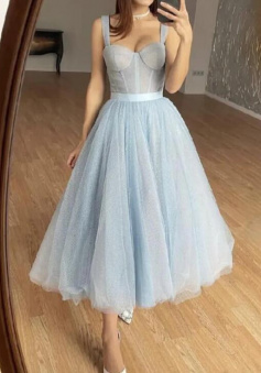 A Line Tea Length Baby Blue Tulle Midi Corset Dress