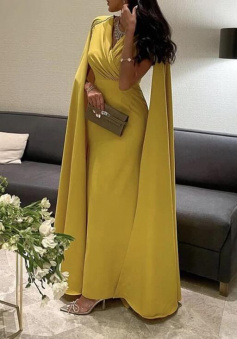 A Line Pale Yellow Satin Dress With Cape Sleeve