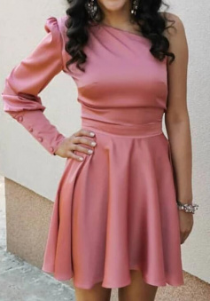 A Line Short Rose Pink One Shoulder Satin Dress
