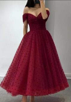 Off Shoulder Burgundy Dot Tulle Midi Homecoming Dresses