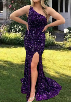 One Shoulder Mermaid Purple Sequin Slit Prom Dress