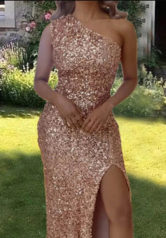 A Line Rose Gold Sequin One Shoulder Prom Dress