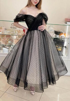 A Line Off Shoulder Black And Nude Tulle Tea Length Prom Dresses