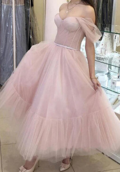 Off-the-shoulder Pink Tulle Tea Length Prom Dress