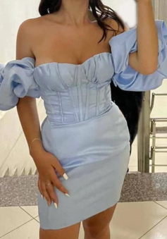 Cute Blue Puffy Sleeve Bodycon Dress