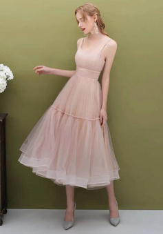 A Line Pink Tulle Tea Lenth Party Dress